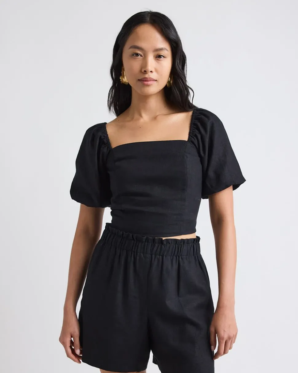 Linen-Blend Square-Neck Tube Top with Puffy Sleeves