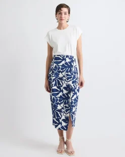 Linen-Blend Straight Midi Skirt with Wrap Front