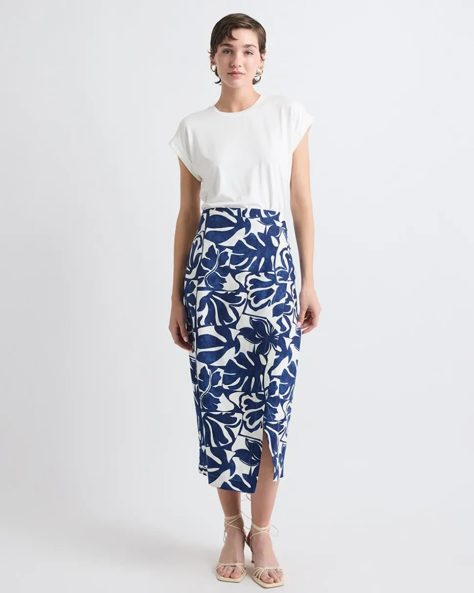 Linen-Blend Straight Midi Skirt with Wrap Front