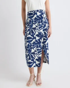 Linen-Blend Straight Midi Skirt with Wrap Front