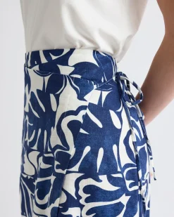 Linen-Blend Straight Midi Skirt with Wrap Front