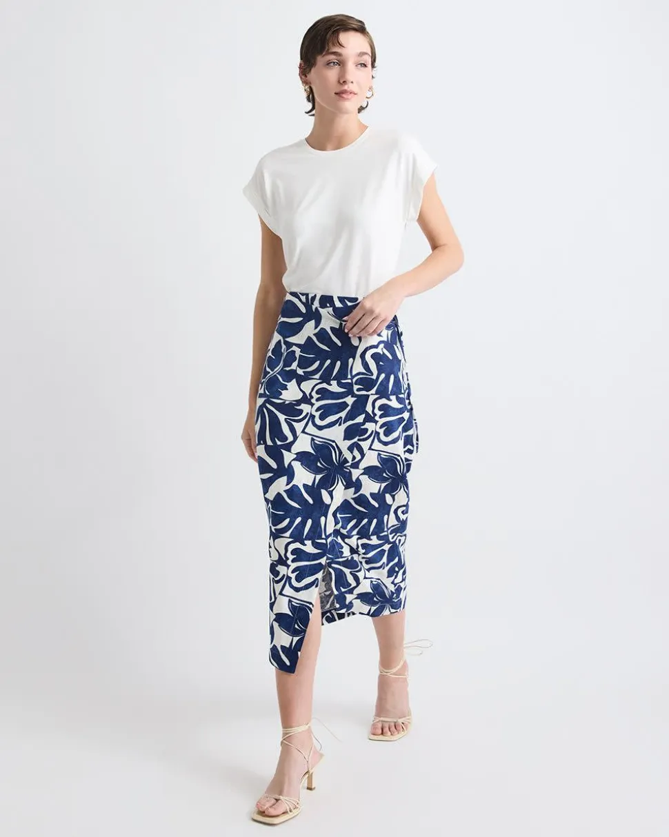 Linen-Blend Straight Midi Skirt with Wrap Front