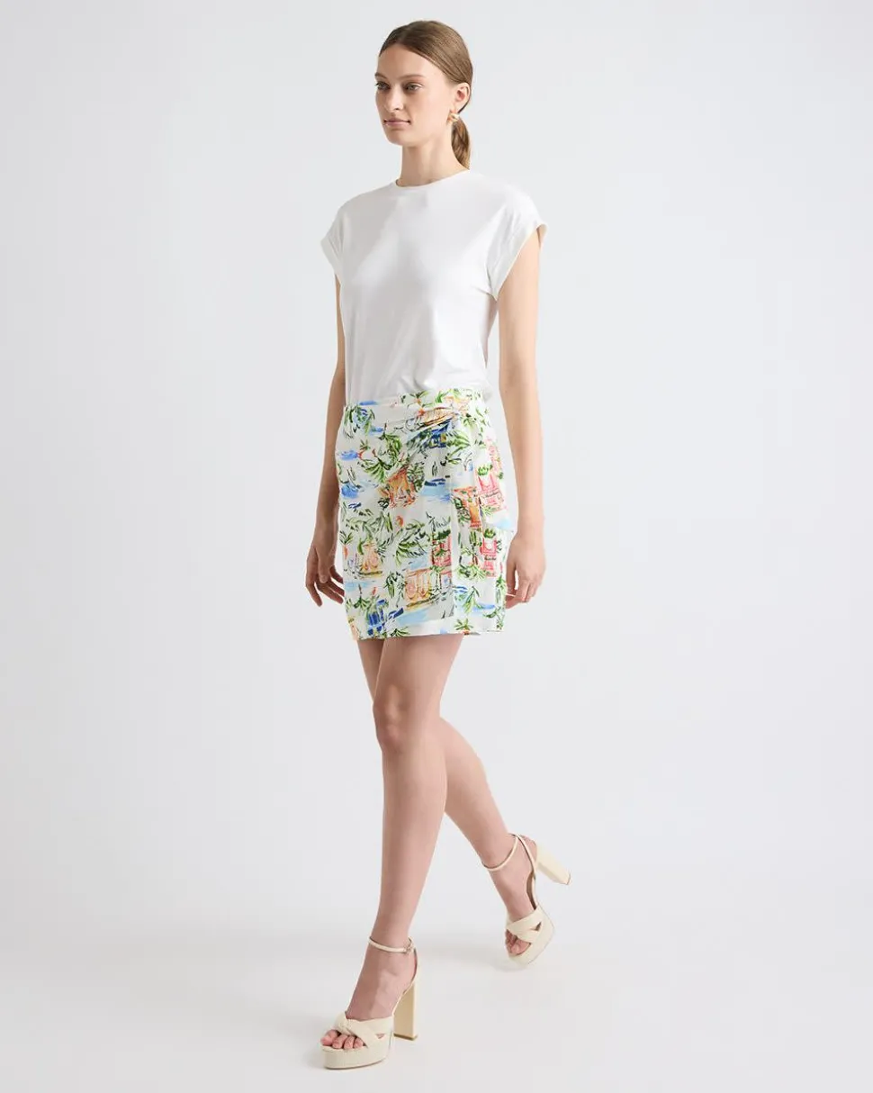 Linen-Blend Wrap Mini Skirt