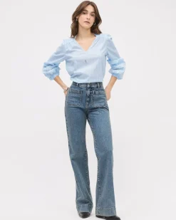 Long Medium-Wash High-Waisted Wide-Leg Jeans
