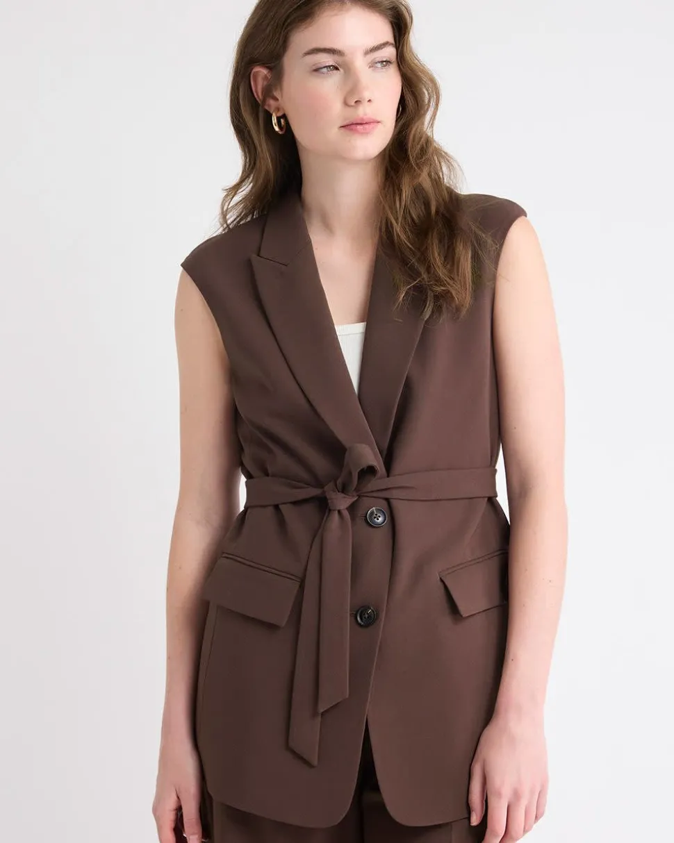 Long Sleeveless Twill Vest