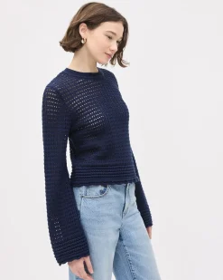 Long-Bell-Sleeve Crew-Neck Sweater with Pointelle Stitches