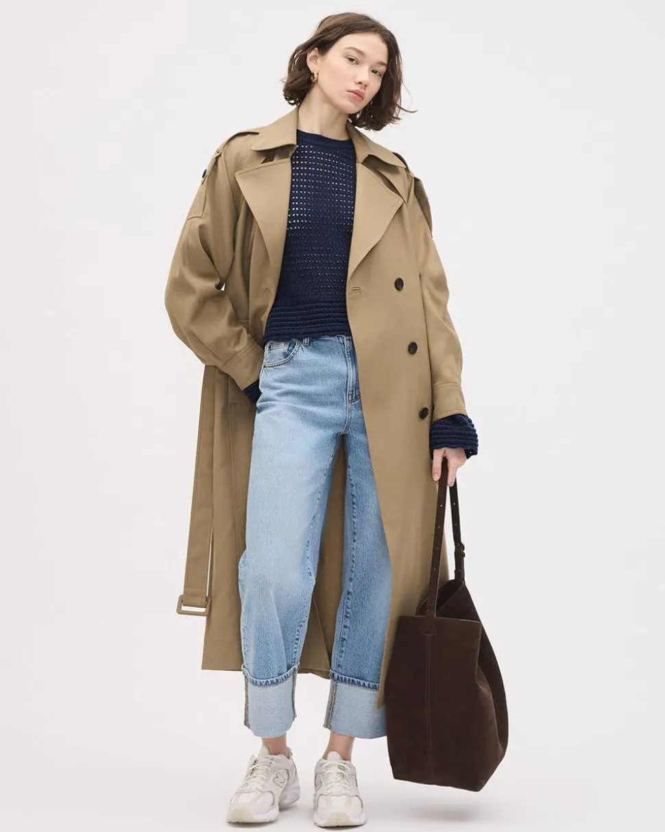 Long-Bell-Sleeve Crew-Neck Sweater with Pointelle Stitches