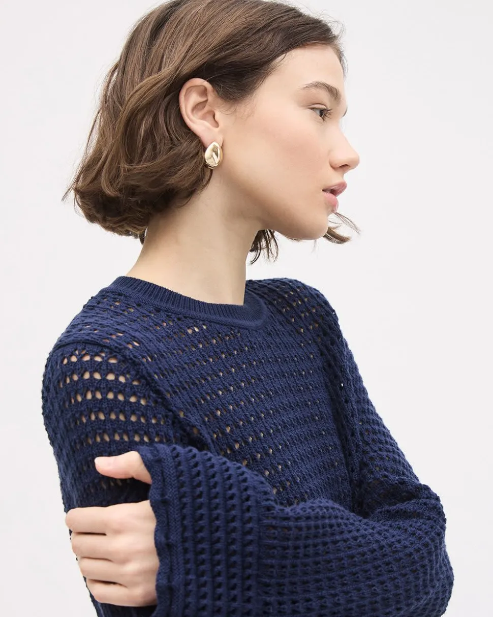 Long-Bell-Sleeve Crew-Neck Sweater with Pointelle Stitches