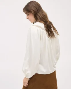 Long-Puffy-Sleeve Buttoned-Down Blouse with Eyelet Pattern