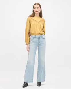 Long-Puffy-Sleeve Buttoned-Down Blouse with Eyelet Pattern