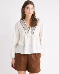 Long-Puffy-Sleeve V-Neck Blouse with Embroideries