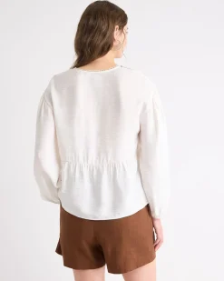 Long-Puffy-Sleeve V-Neck Blouse with Embroideries
