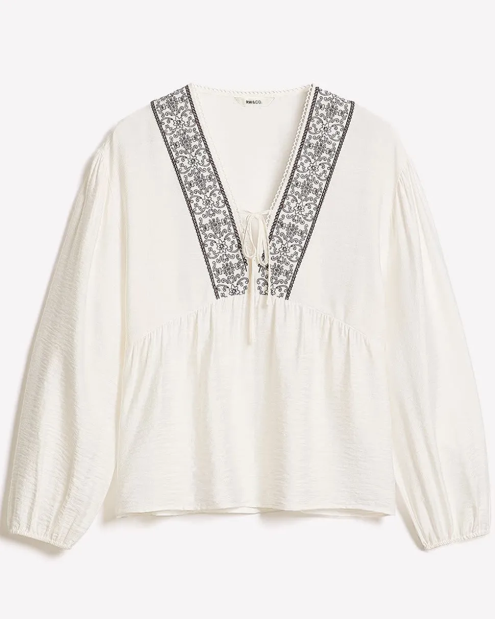 Long-Puffy-Sleeve V-Neck Blouse with Embroideries