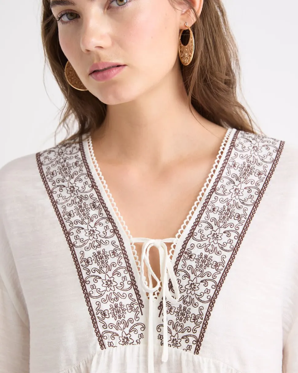 Long-Puffy-Sleeve V-Neck Blouse with Embroideries