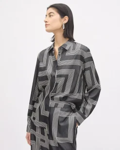 Long-Sleeve Buttoned-Down Fluid Blouse with Shirt Collar