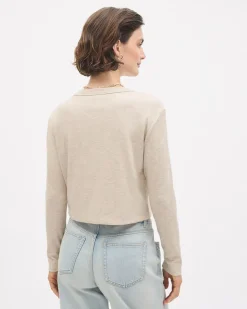 Long-Sleeve Crew-Neck Ribbed Buttoned-Down Top