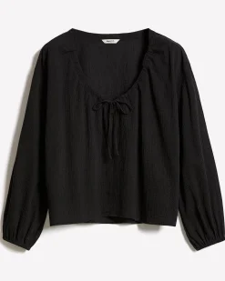 Long-Sleeve U-Neck Gauze Blouse