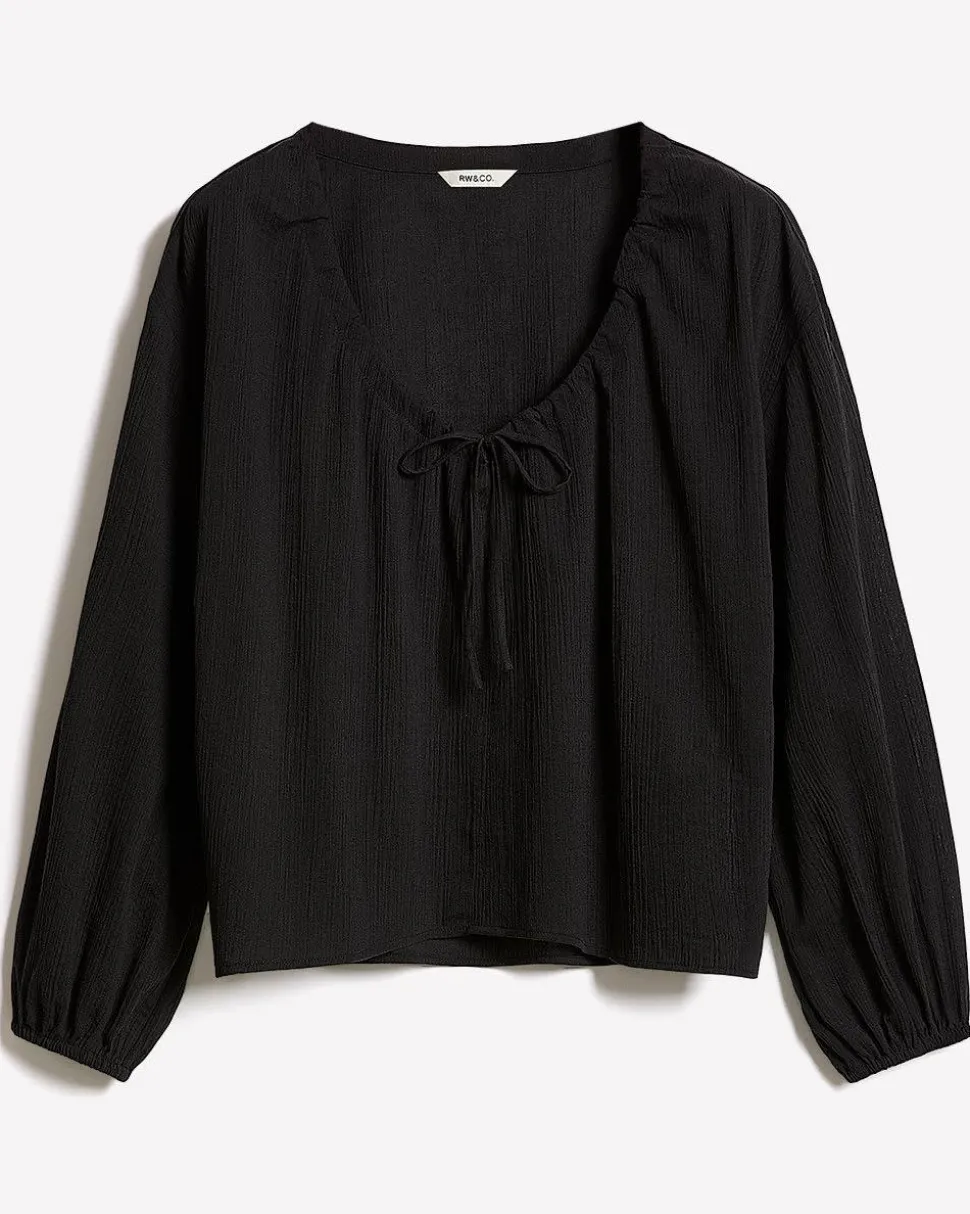 Long-Sleeve U-Neck Gauze Blouse