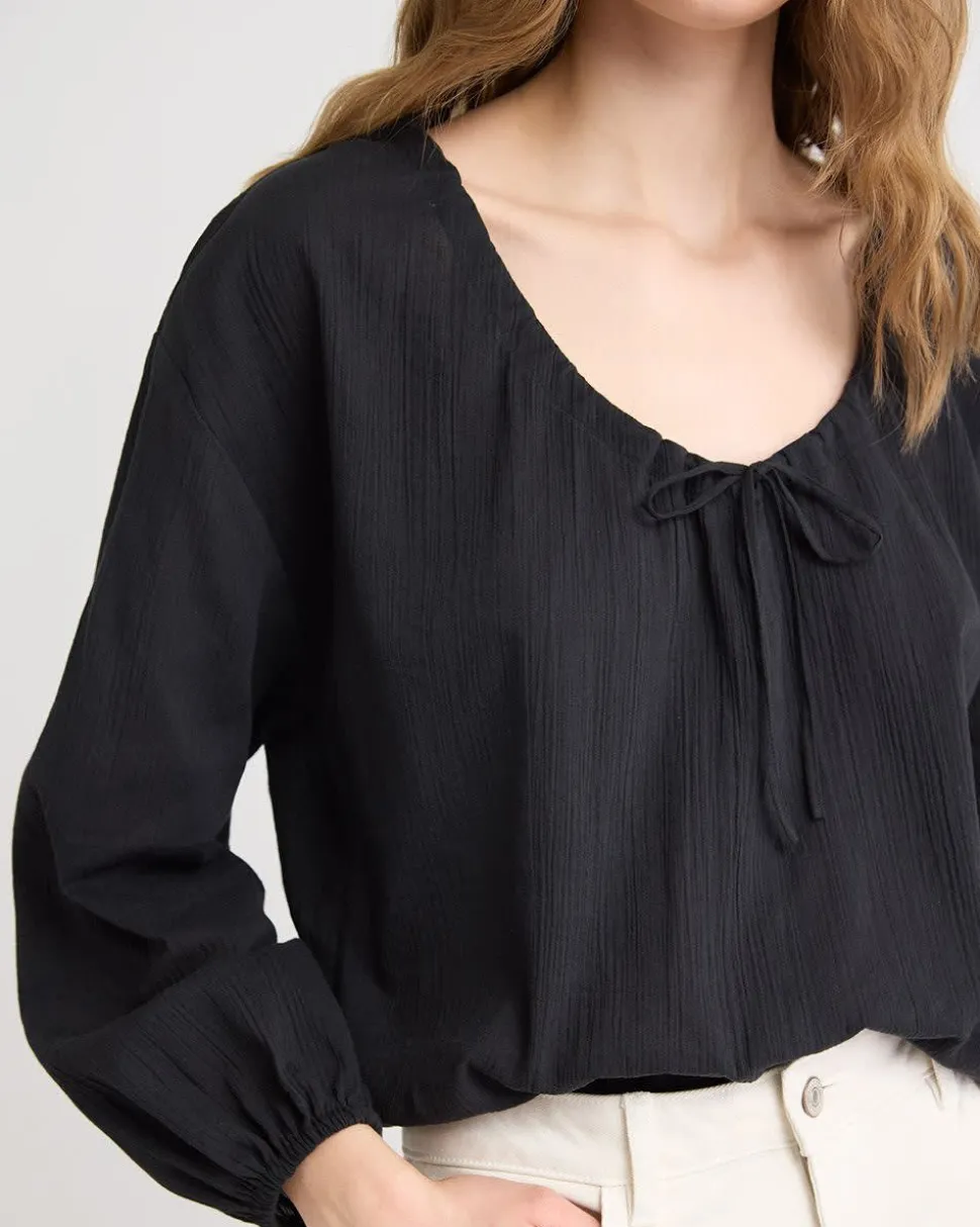 Long-Sleeve U-Neck Gauze Blouse