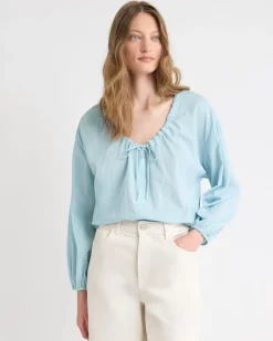 Long-Sleeve U-Neck Gauze Blouse