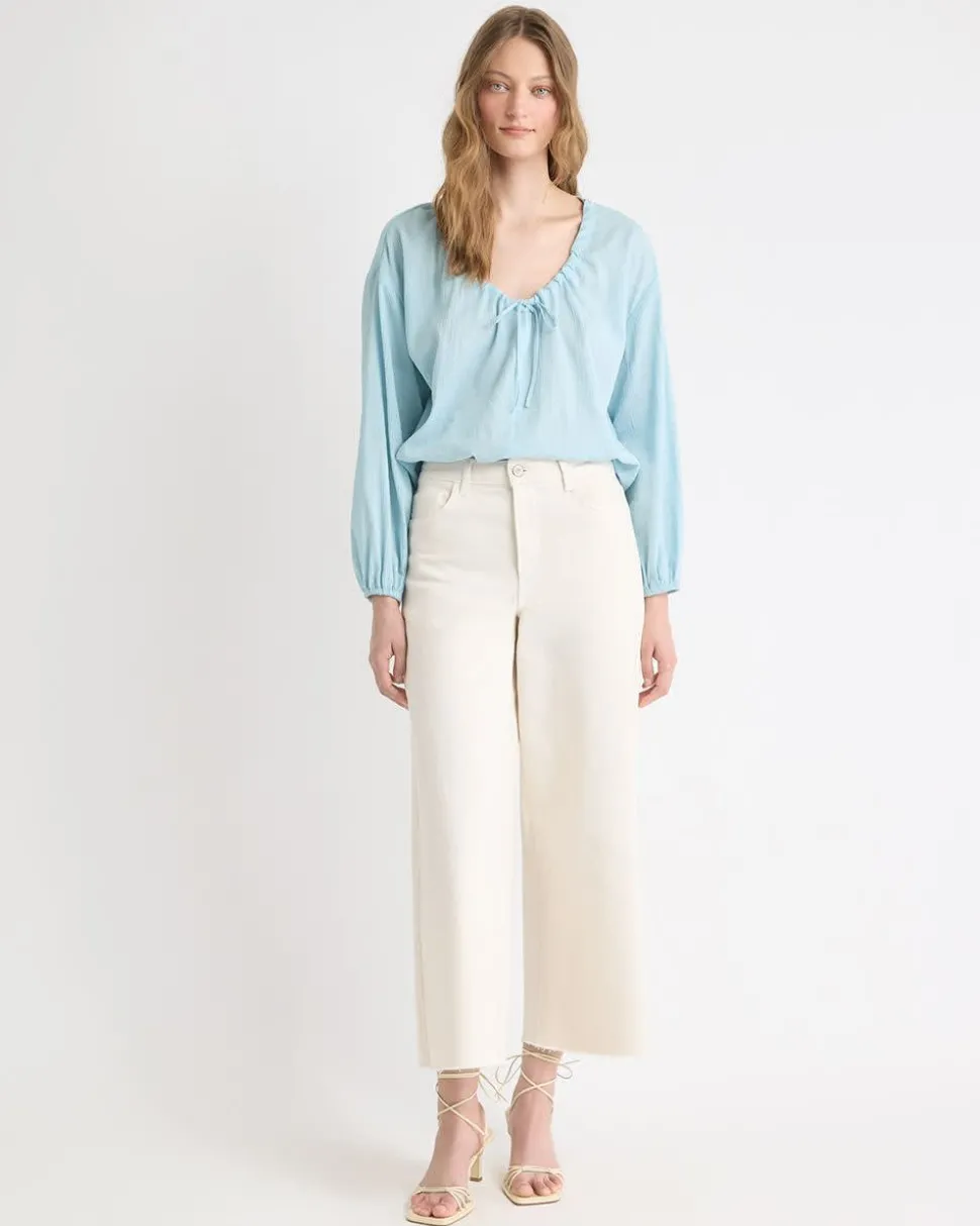 Long-Sleeve U-Neck Gauze Blouse