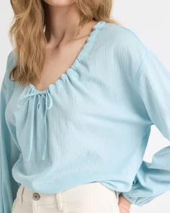 Long-Sleeve U-Neck Gauze Blouse