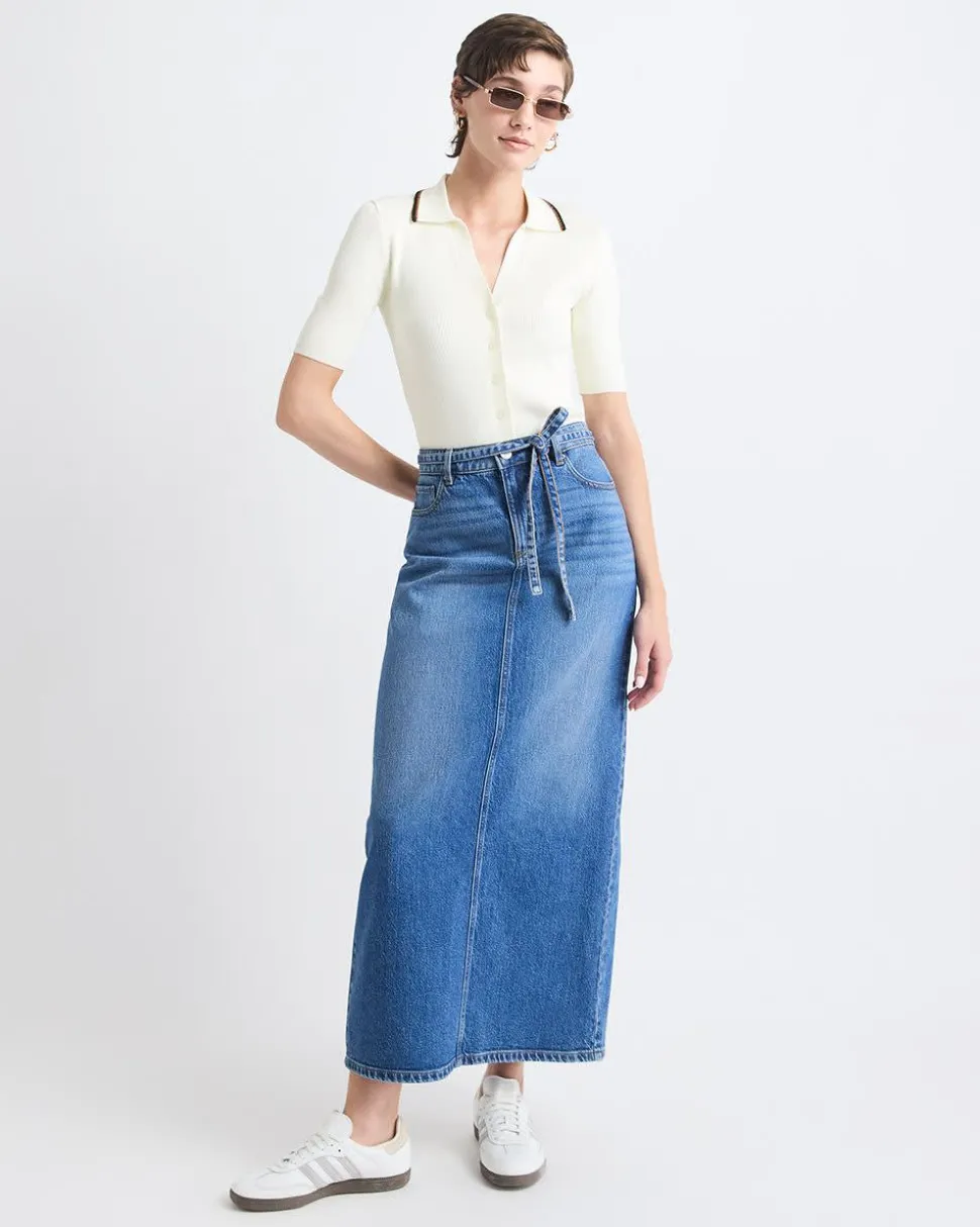 Maxi Medium-Wash Denim Skirt with Back Slit