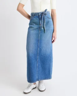 Maxi Medium-Wash Denim Skirt with Back Slit