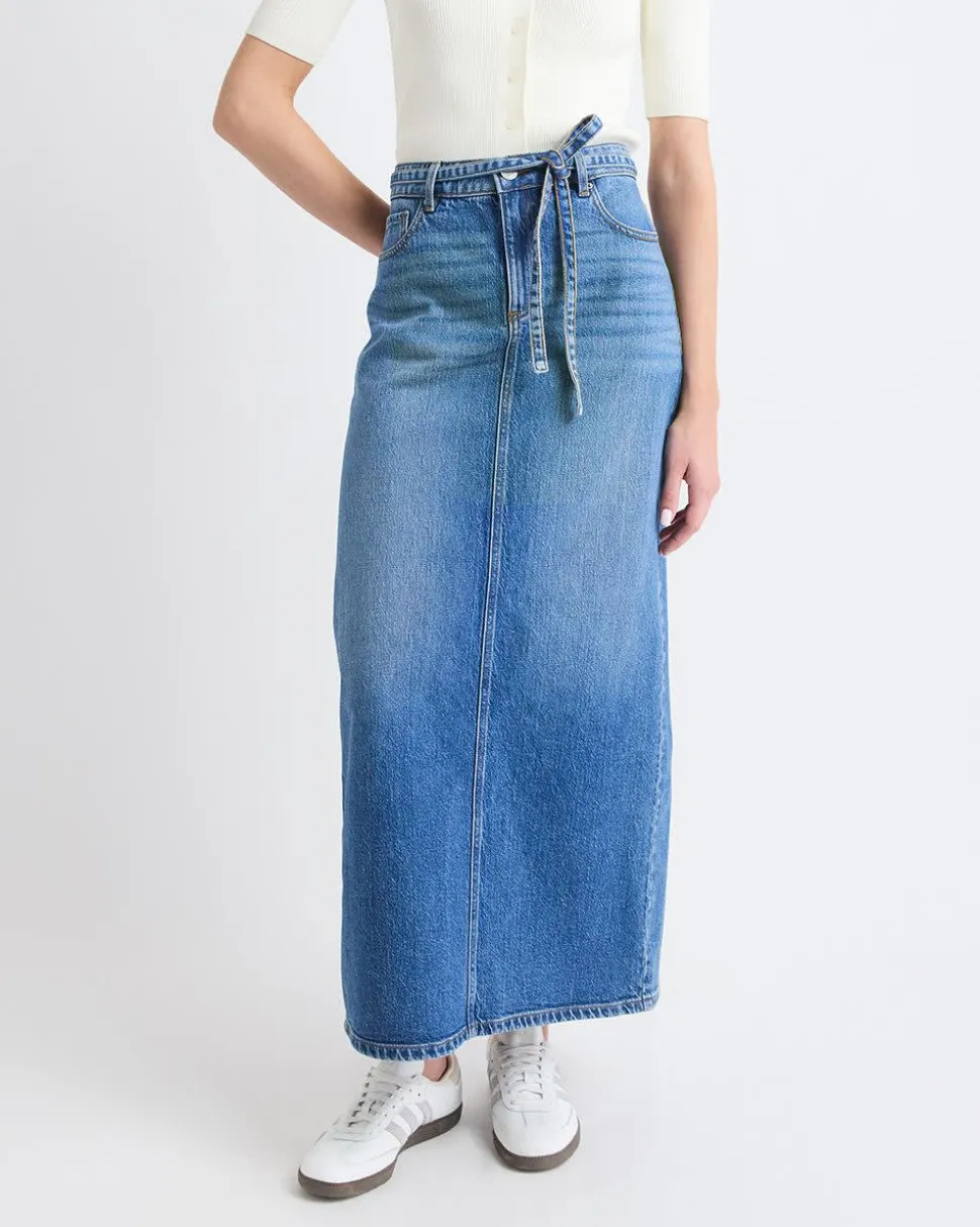 Maxi Medium-Wash Denim Skirt with Back Slit