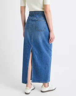 Maxi Medium-Wash Denim Skirt with Back Slit