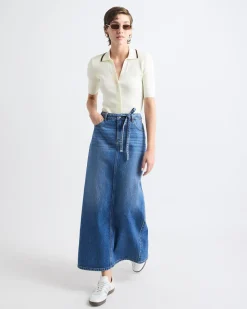 Maxi Medium-Wash Denim Skirt with Back Slit