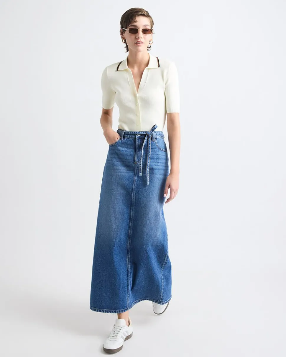 Maxi Medium-Wash Denim Skirt with Back Slit