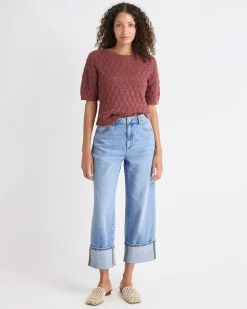 Medium-Wash Ultra-High-Rise Straight-Leg Jeans with Rolled Cuffs