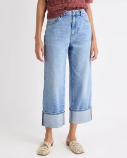 Medium-Wash Ultra-High-Rise Straight-Leg Jeans with Rolled Cuffs