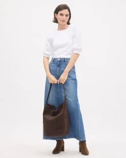Mix-Media Crew-Neck Top with Puffy Elbow Sleeves
