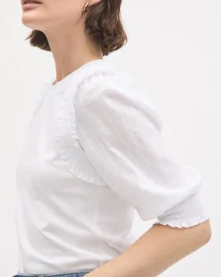 Mix-Media Crew-Neck Top with Puffy Elbow Sleeves