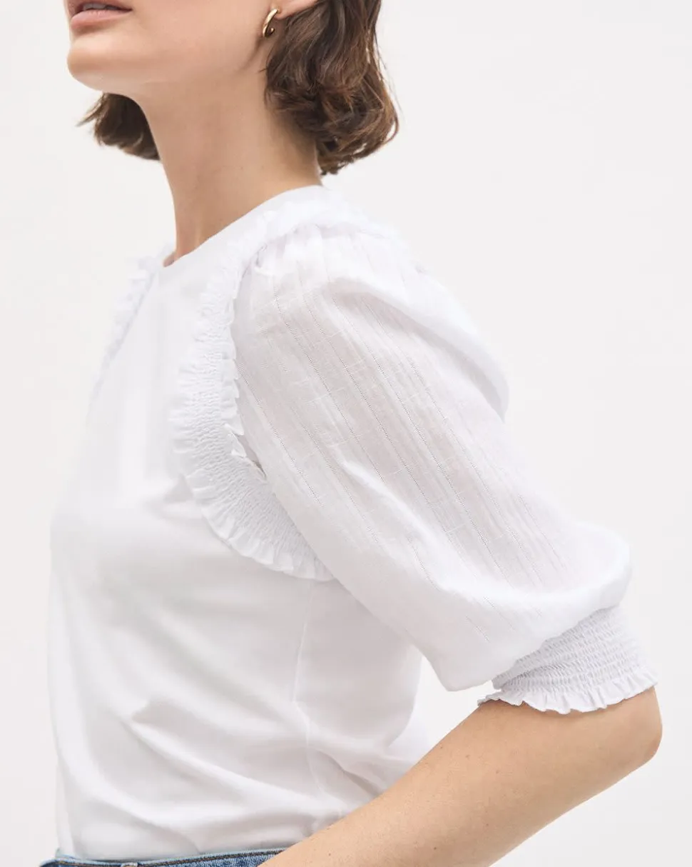 Mix-Media Crew-Neck Top with Puffy Elbow Sleeves