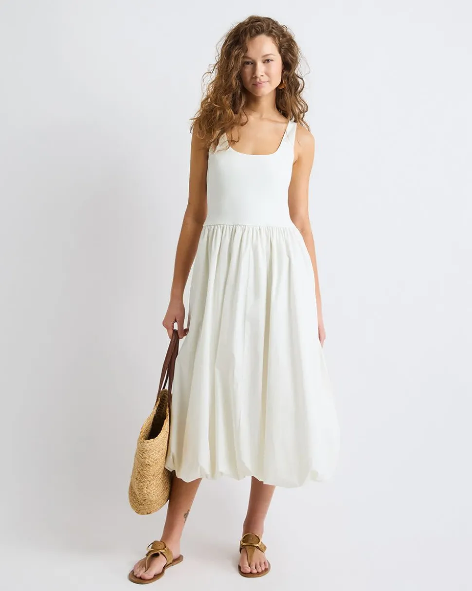 Mix-Media Sleeveless Midi Dress with Bubble Hem