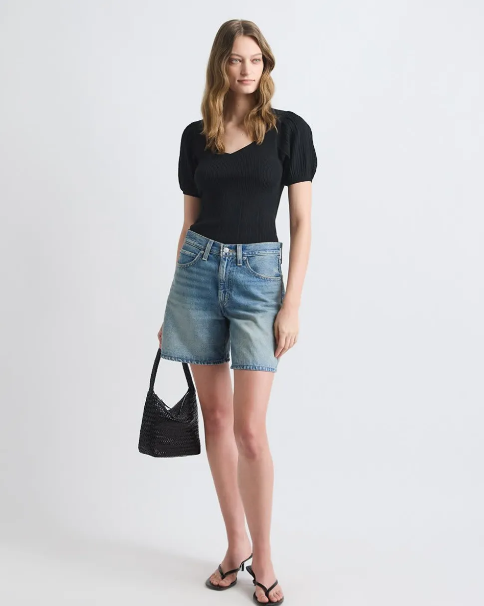Puffy-Elbow-Sleeve Sweater with Sweetheart Neckline