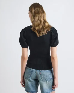 Puffy-Elbow-Sleeve Sweater with Sweetheart Neckline