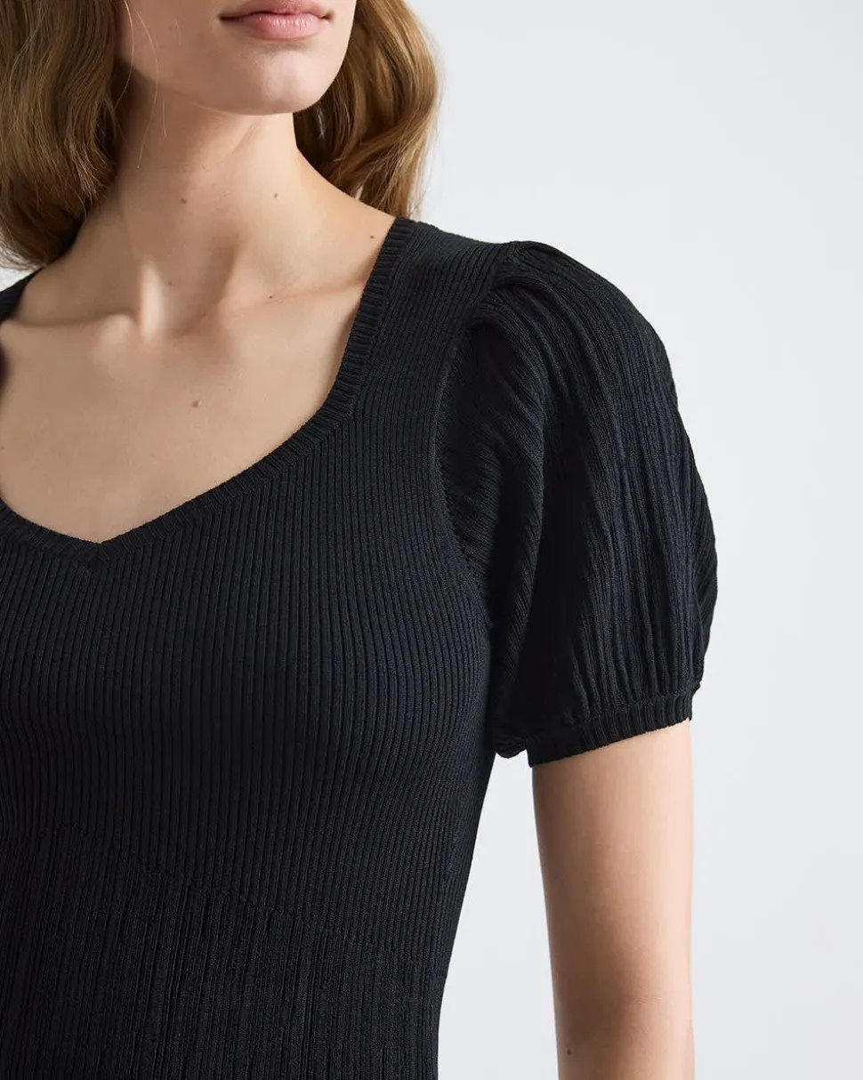 Puffy-Elbow-Sleeve Sweater with Sweetheart Neckline