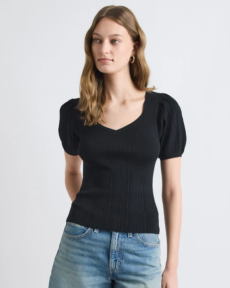 Puffy-Elbow-Sleeve Sweater with Sweetheart Neckline