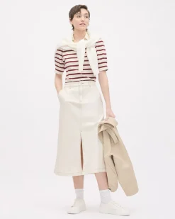 Puffy-Elbow-Sleeve V-Neck Striped Polo