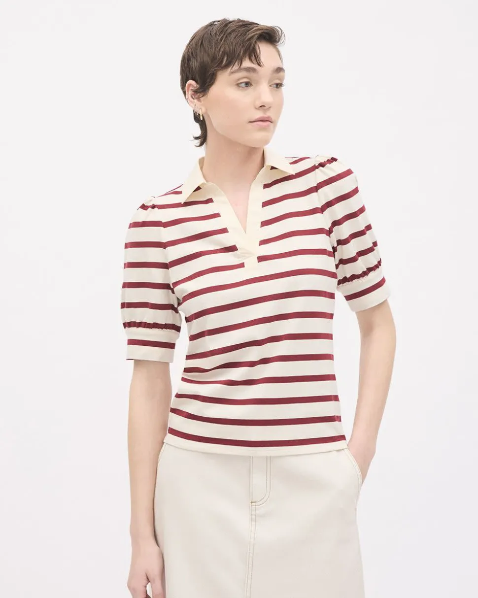 Puffy-Elbow-Sleeve V-Neck Striped Polo