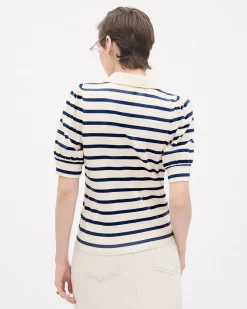 Puffy-Elbow-Sleeve V-Neck Striped Polo