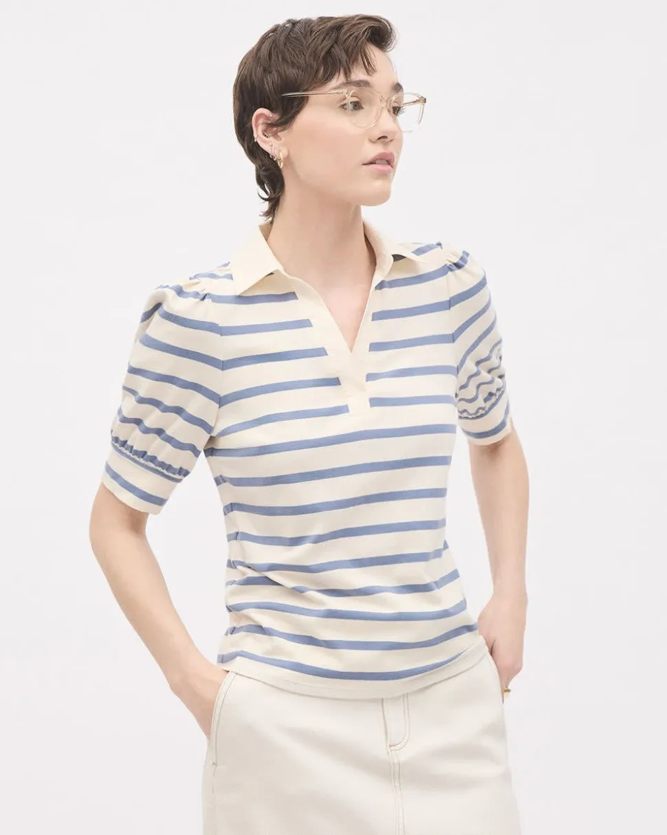Puffy-Elbow-Sleeve V-Neck Striped Polo