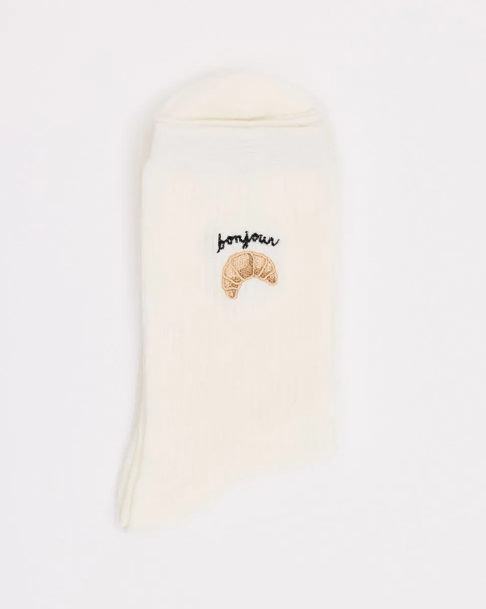 Ribbed Crew Socks with Croissant Embroidery