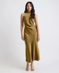 Satin Sleeveless Halter-Neck Midi Cocktail Dress