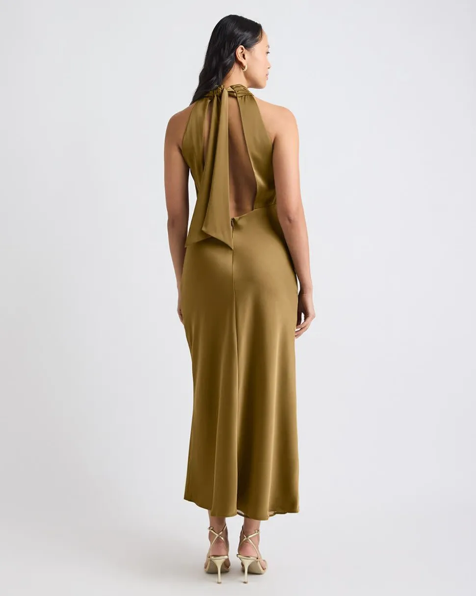 Satin Sleeveless Halter-Neck Midi Cocktail Dress