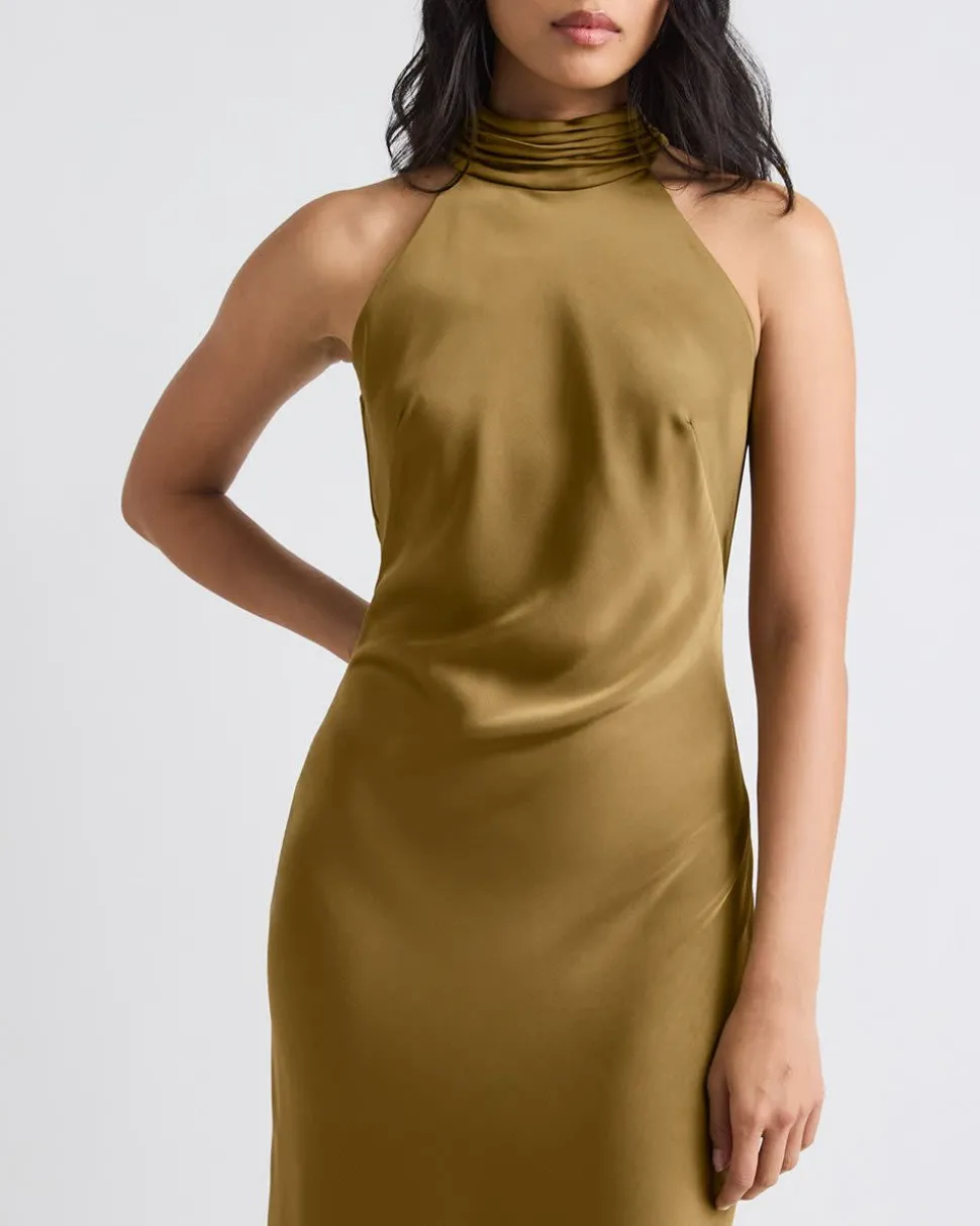Satin Sleeveless Halter-Neck Midi Cocktail Dress